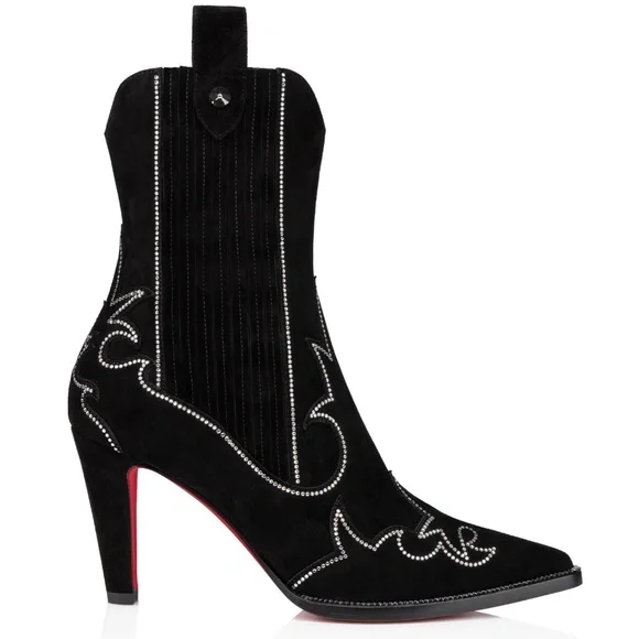 Christian Louboutin Santigag Strass 85 Black Suede Western Ankle Heel Boot 40 - Picture 3 of 16